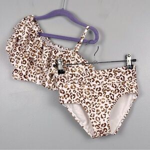 Janie and Jack Recycled Leopard Ruffle 2-Piece Swimsuit in Argan Oil Leopard, 8.